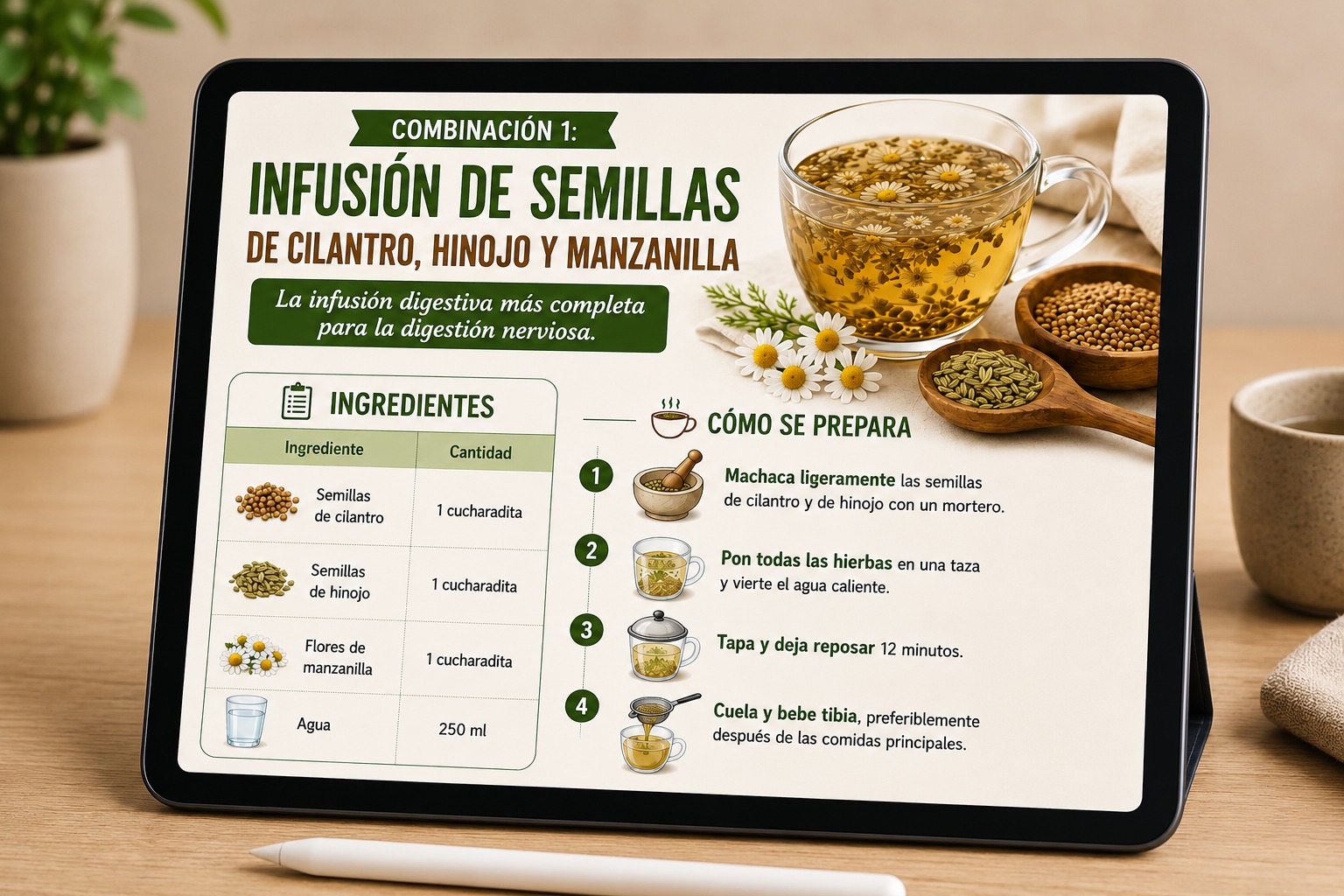 Infusión de semillas de cilantro, hinojo y manzanilla