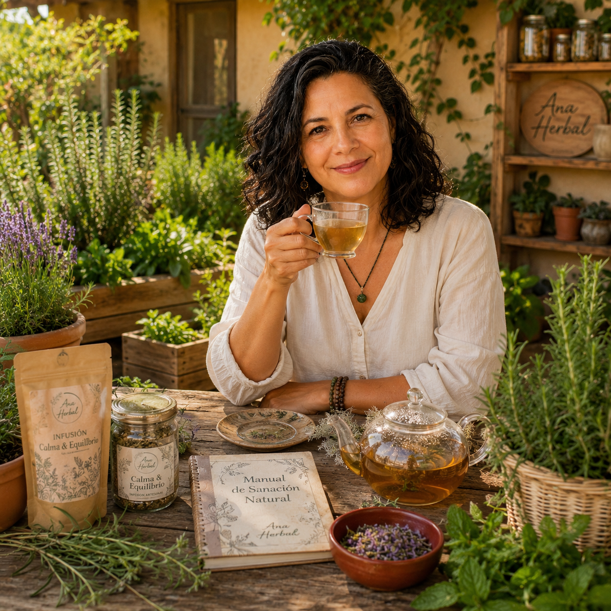 Ana Herbal compartiendo una infusión en su jardín